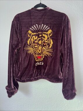 Obey Velvet Jacket with Gold Tiger Embroidery in Deep Plum